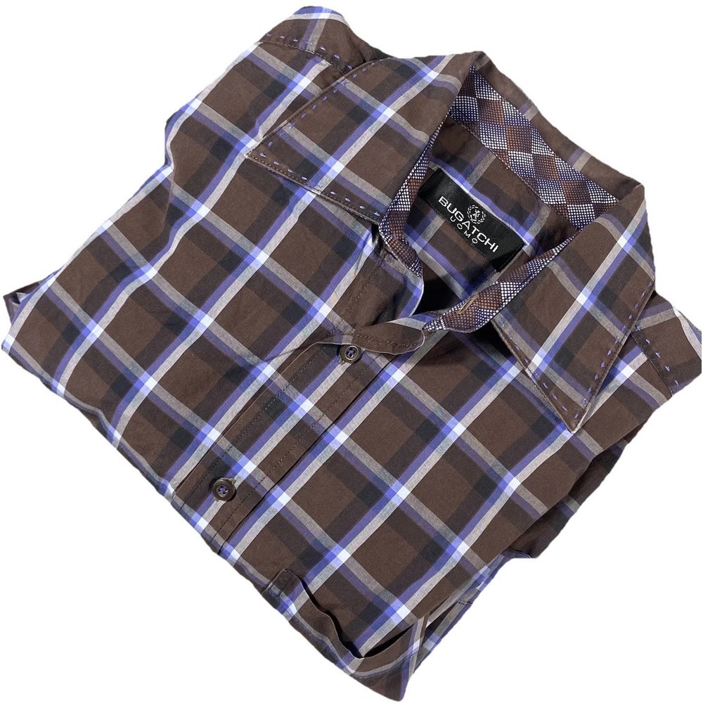 Bugatchi Men's Medium Shirt Flip Cuff Button Up Brown Purple Stitching Unique